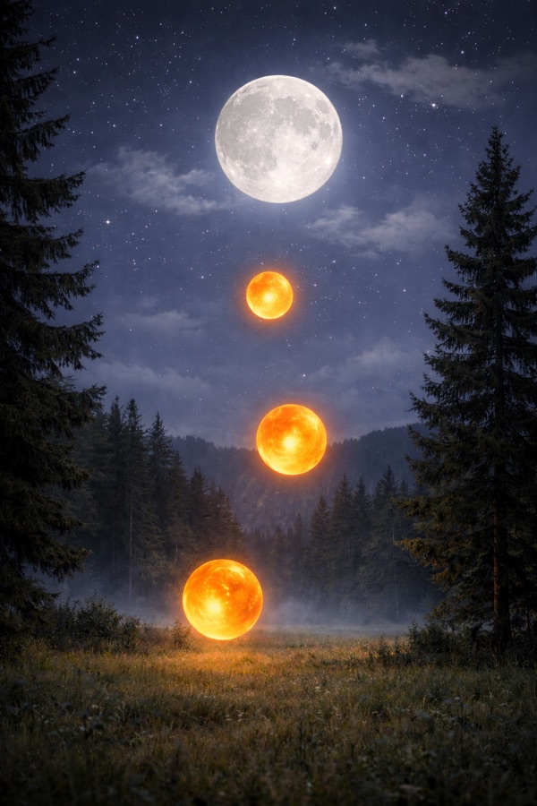 AI recreation of three amber orbs rising toward the moon over a field