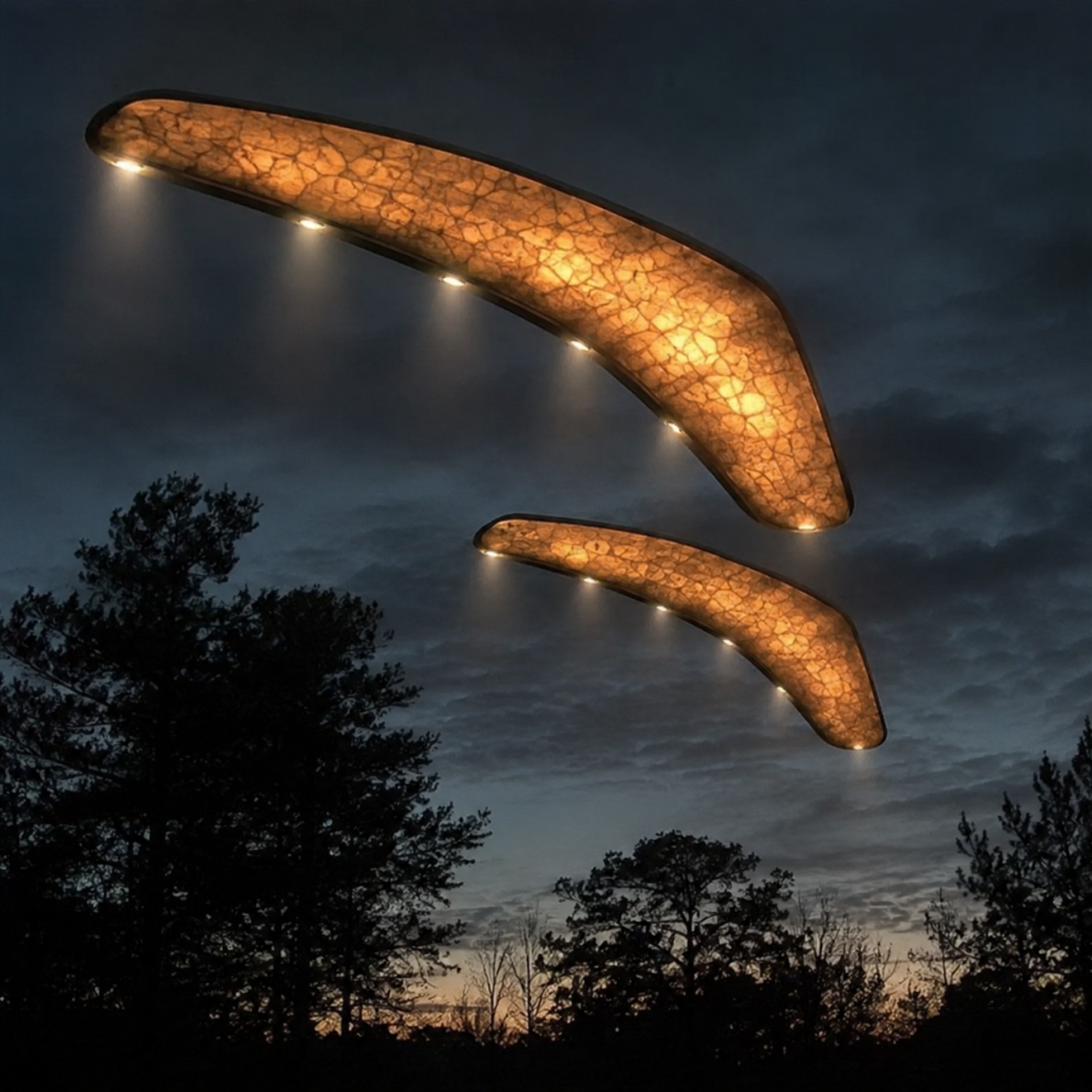 AI-generated illustration of boomerang / v-shape UFO sighting in Athens, Texas